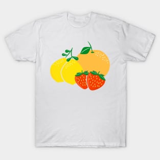 Fruit Fusion: Citrus and Berries Digital Illustration - Lemon, Strawberry and Orange T-Shirt